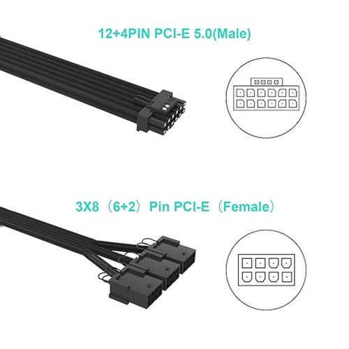12VHPWR 12+4Pin Male to 3x8Pin Female Power Extension Cable For RTX 3090Ti 4080 - Picture 3 of 13