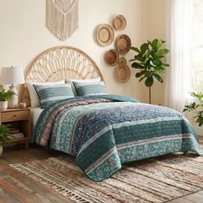 Vintage Printed Comforter Set Quilt 2/3 Pieces Color Block Bedding Soft Cozy