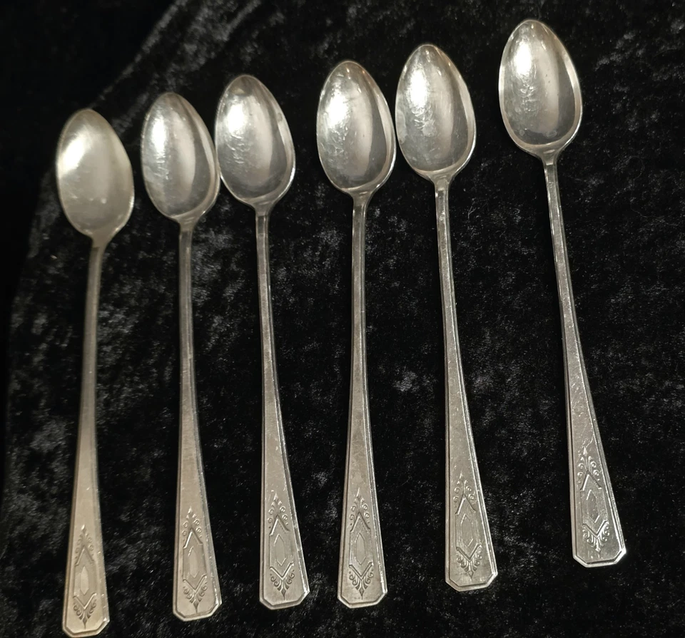 Juego de 6 cucharas largas de té heladas Wm Rogers antiguas de colección - patrón Nuart 1940 plata  Foto 2 de 4
