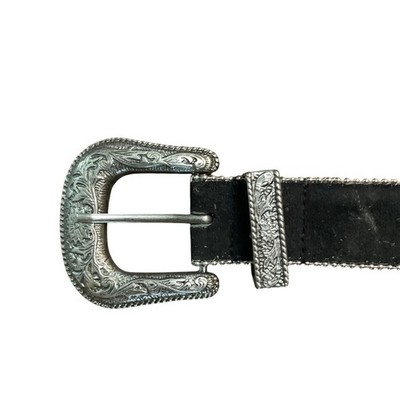 Western Black Studded Rhinestone Belt Silver Engraved Buckle