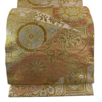 Japanese Kimono Fukuro Obi Silk Orange Gold Floral Arabesque Floral Arabesque