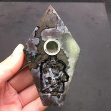 Natural Gabbro Crystal Quartz Rhmbus Carved Skull Healing Smoking Pipe Tobacco