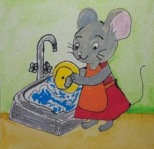 GAT Oil Painting IMPRESSIONISM WHIMSICAL OOAK Original 4x4 Mouse Doing Dishes