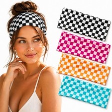 4 Pcs Plaid Headbands for Women, Wide Soft Stretchy Checkered Headbands, Mult...