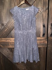 Loft Women's Size 4 Dress Blue Lace Lined Knee Length Ruffle Hem Flutter Sleeve