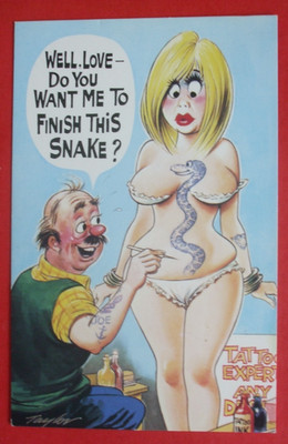 SAUCY Bamforth Comic TATTOO PARLOUR TATTOOIST BUSTY LADY SNAKE GO IN KNICKERS