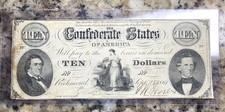 1861 $10 Confederate States of America T25 T-25 Banknote A More Scarce Note