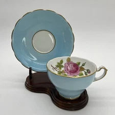 Adderley Floral Staffordshire Tea Cup & Saucer Signed Rose Blue Vintage
