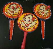 3 Vintage Tin Litho Clown Toy Noisemaker - Kirchhof Mfg.  2