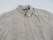 Cubavera Guayabera Shirt Mens XL Beige Short Sleeve Embroidered Floral Button Up