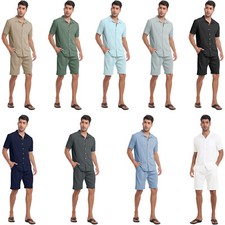 Men Casual Short Set Button Down Shirt Soft Short Work 2 Piece Summer Set Outfit