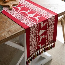 Image of Christmas Holiday Table Runner Featuring Festive Snowman and Reindeer Designs