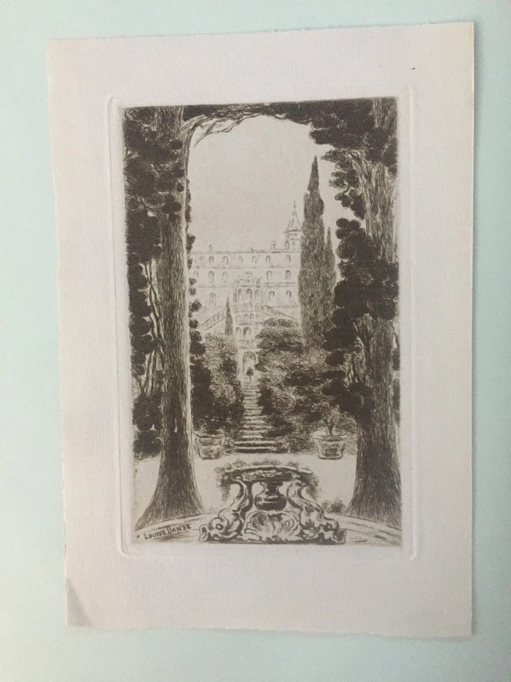 P120-BELGIQUE Estampe originale signée Louise DANSE sur papier bleuté: Château ? - Photo 1/1
