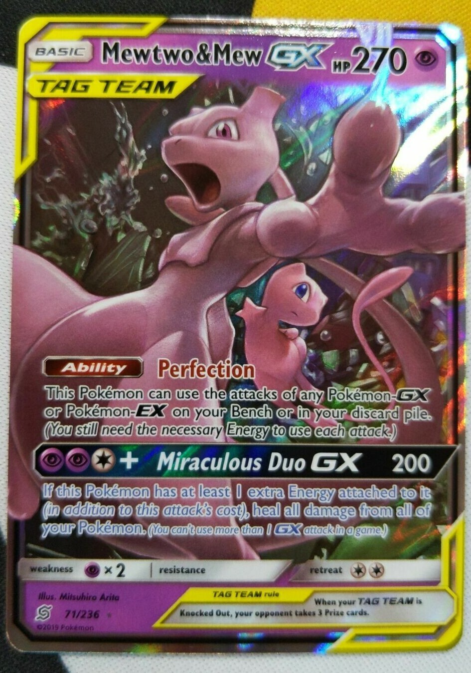 ULTRA RARE Mewtwo Mew GX Tag Team Pokemon Unified Minds 71 236 Holo