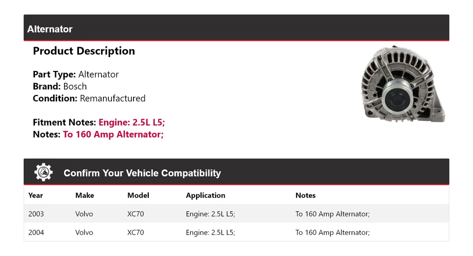 Alternador Bosch para Volvo XC70 2003-2004 2,5 L L5 (Remanufacturado) Foto 2 de 4