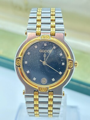 Exc+5 w/Box ] GUCCI 9000M Black Dial 11P Diamond 3 ATM Men Watch