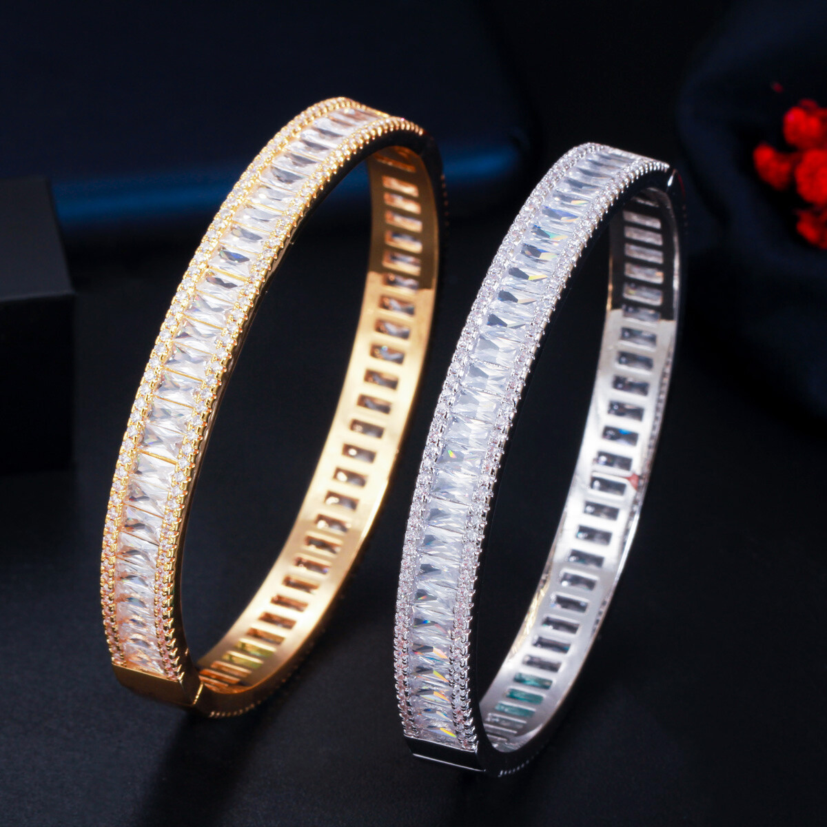 Dazzling White Gold Plated CZ Square Round Open Cuff Bracelet