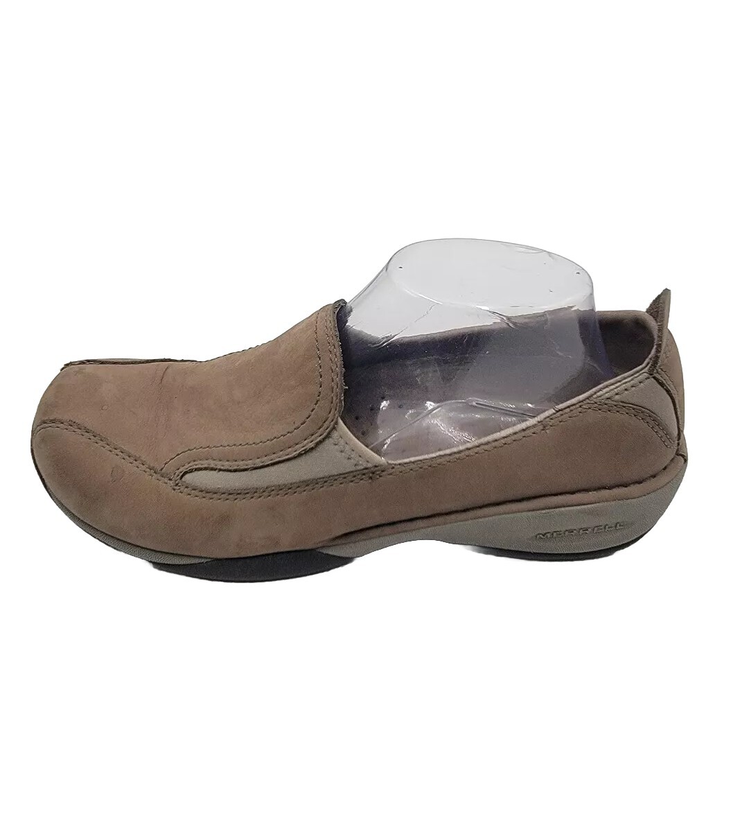 Scarpe slip on nabuk da donna Merrell taglia 9 Primo Moc II pelle con plateau talpa