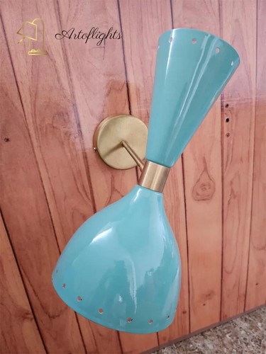 Brass Wall Sconce Pair, Malachite Green Mid Century Italian Adjustable - Picture 2 of 4