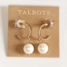 Talbots Minimalist Glass Pearl Drop Hoop Earrings Chic Women Everyday Jewelry