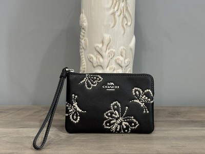 NWT COACH Leather Corner Zip Wristlet Sparkly Butterfly Print Sv