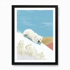 Polar Bear Cub Sliding Down A Snowy Framed Wall Art Poster Canvas Print Picture