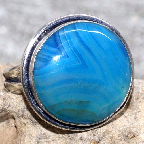 925 Silber plattiert blau Botswana Achat runder Ring Edelstein US FreeSize MJ