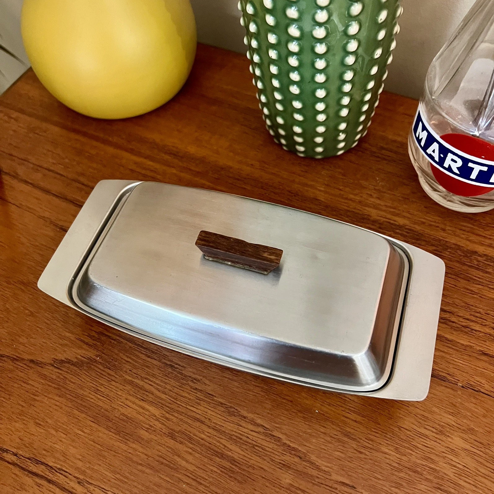 Vintage MCM Stainless Steel Butter Dish Wood Handle Skandi Danish Style 1960s
