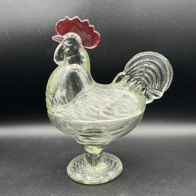 Vintage LE Smith Clear Glass with Red Comb Rooster Pedestal Lidded Candy Dish