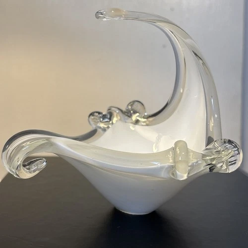 Vintage Mcm Art Glass Trinket Dish Bowl Ruffled Edges Cased Murano Style White