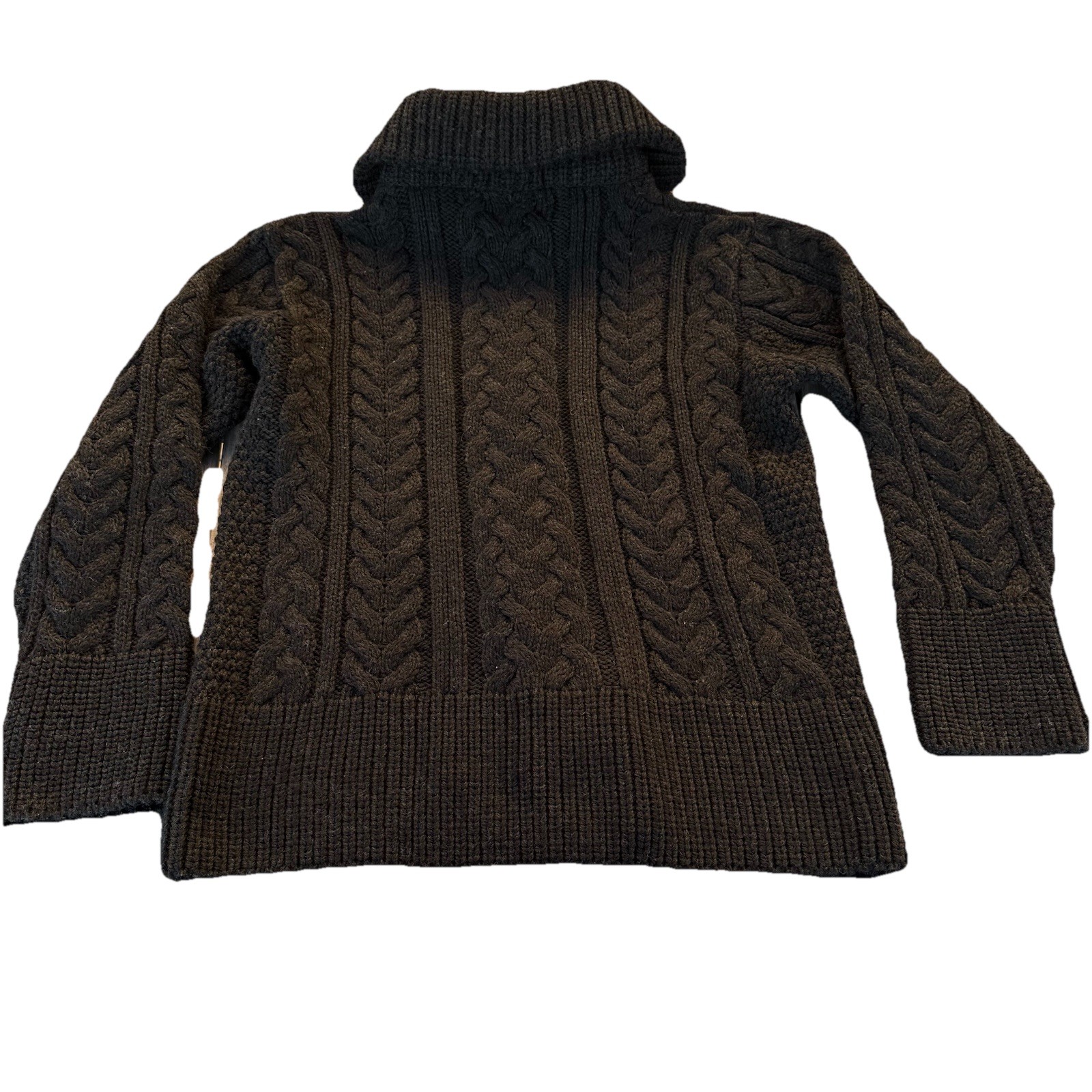 Peregrine Med Wool Collar Chunky Cable Knit Fisherman Cardigan Sweater Zip Black