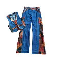 Vintage 70s Aura Denim Leather Patchwork 2 Piece Set Vest Flare Pants M 13/14