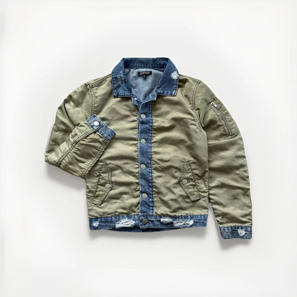 Elwood Men’s Denim Bomber Jacket Distressed Olive Outer With Buttons Size XS - Image 2 of 4