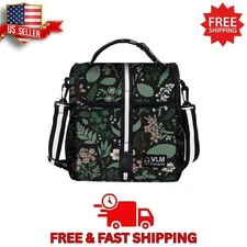 VLM Insulated Lunch Bag for Women - Green Floral Tote w/ Strap, Small Size