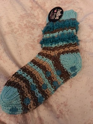 Turquoise Dunnes Ladies Socks Chenille Striped Velvet Grip Socks Winter Warm