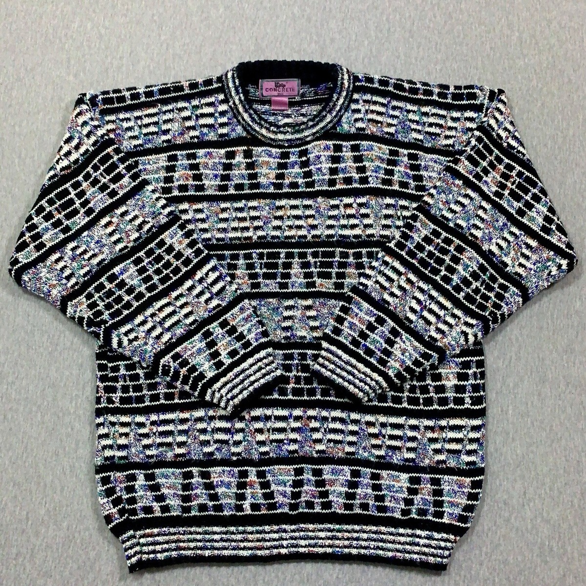 Vintage Concrete Mix Sweater Mens Medium Geometric Crew Neck Knit 