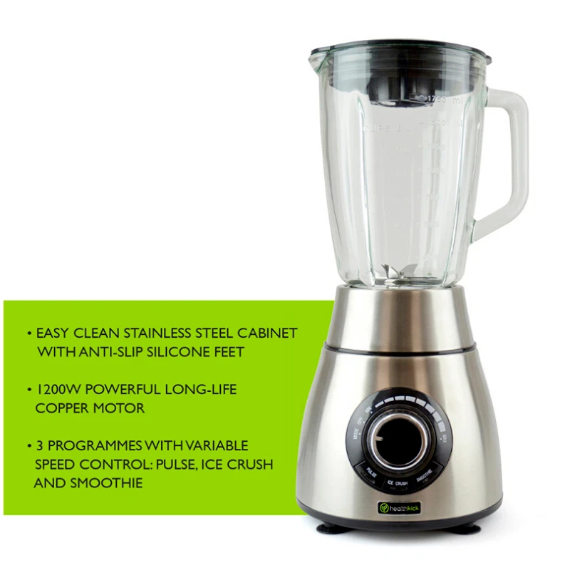 Healthkick 1200W Stainless Steel Ice Crushing Smoothie Blender - 1.8L Glass Jug