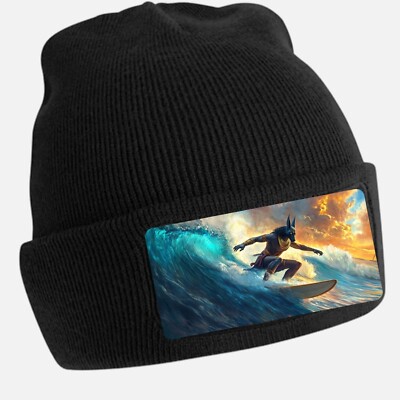 Black Beanie Hat with Cool Anubis Surft Motif - Unisex Cap, Cotton