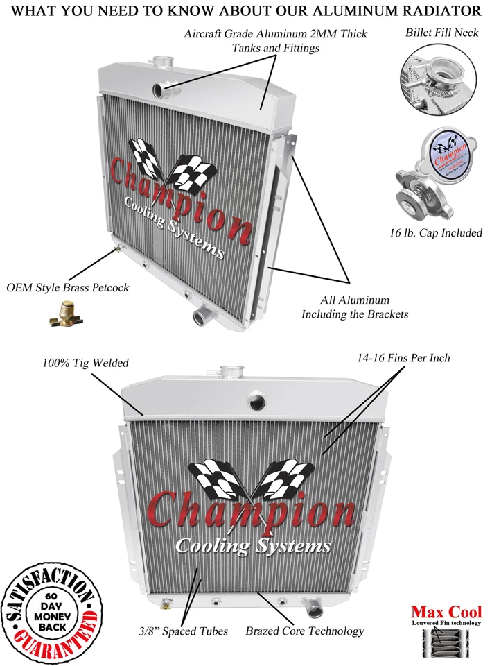 3 Row RS Champion Radiator for 1957 58 59 1960 Ford F-100 Chevy Configuration Foto 3 de 4
