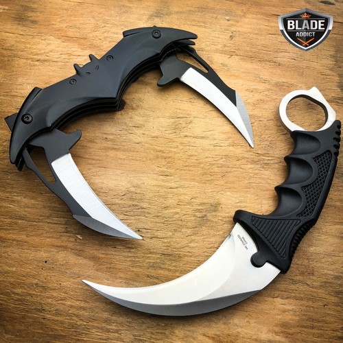 2 PC Dual Blade Spring Assisted Folding Pocket Knife + Karambit Blade
