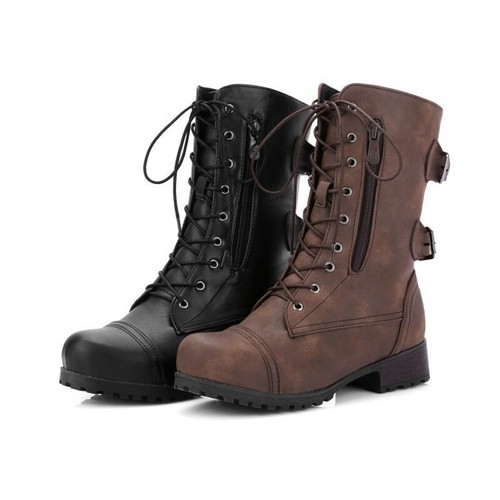 Womens Combat Army Lace Up Zip Flat Buckle Military Ankle Boots Biker Shoes Size - Bild 3 von 15