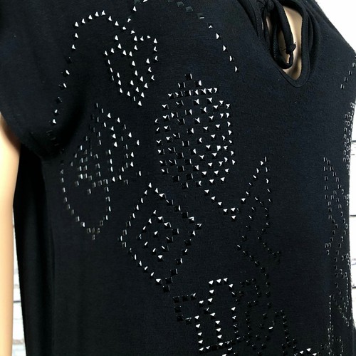 Smitten Shiny Studded Print Split Tie Neck Tunic Shirt XS Black Rayon Knit - Picture 4 of 9