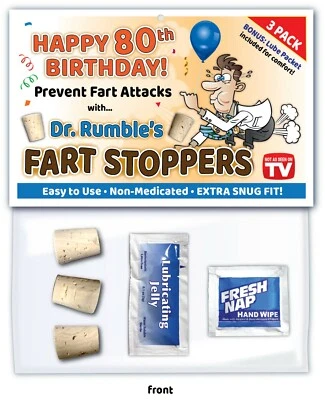 HAPPY 80th BIRTHDAY Party - FART STOPPER PLUG KIT Gag Joke Funny Card Gift Cork
