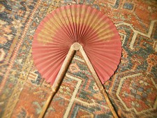 Antique VICTORIAN Hand FAN wood burgundy violet w gilt foliated design 19th 20