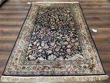 Silk Rug 4x6 Black & Cream Floral Birds Fine 330 KPSI