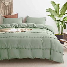 Sage Green Duvet Cover   Cotton Comforter Set with Pom Pom Detail For Beddings