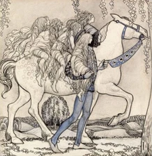 The Horse He Led at the Bit by John Bauer – 1915 Etching – Swedish Folklore Art