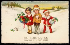 AK Neujahr: Drei Mädchen mit Glücksbringern im Schnee, RADEGAST 31.12.27