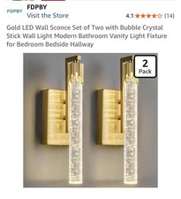 Gold LED Wall Sconce Set of Two with Bubble Crystal Stick Wall Light Modern Bath
