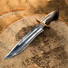 NEW CUSTOM HANDMADE HUNTING BOWIE KNIFE STAG HORN HANDLE WITH LEATHER SHEATH